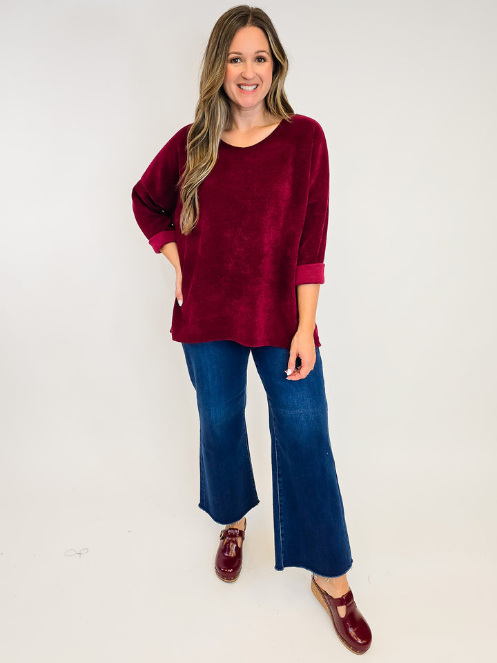 3/4 SLEEVE TEXTURED DROP SHOULDER TOP - ONE SIZE - BURGUNDY