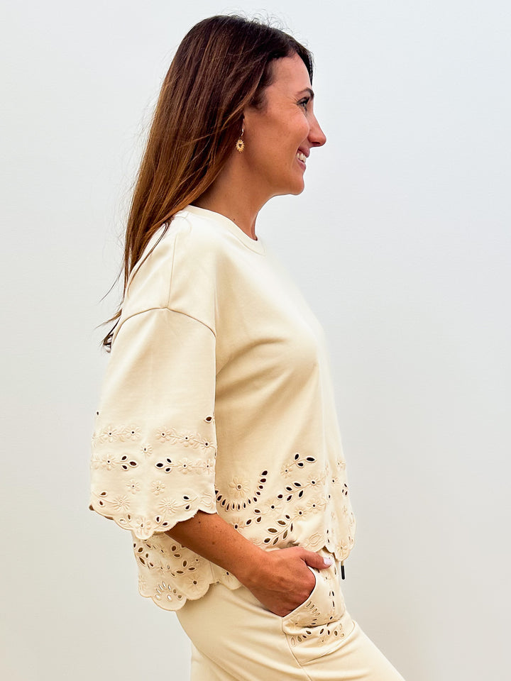 WIDE HALF SLEEVE EMBROIDERED COTTON TOP - NATURAL