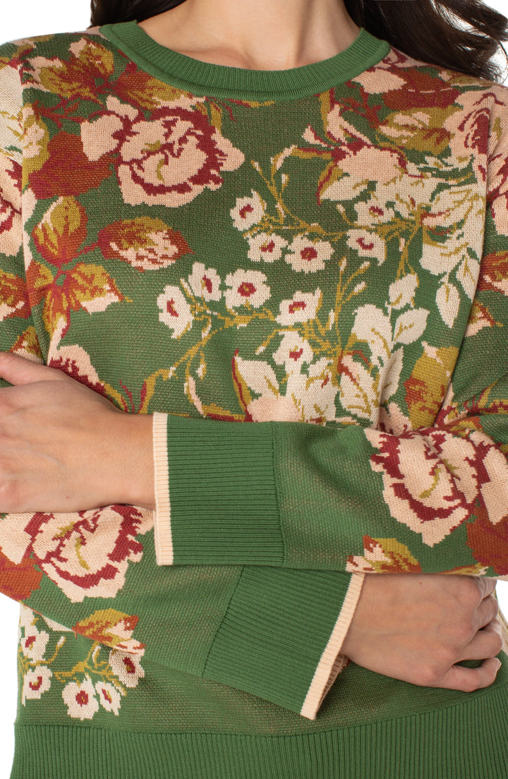 LONG SLEEVE CREW NECK SWEATER - GREEN FLORAL