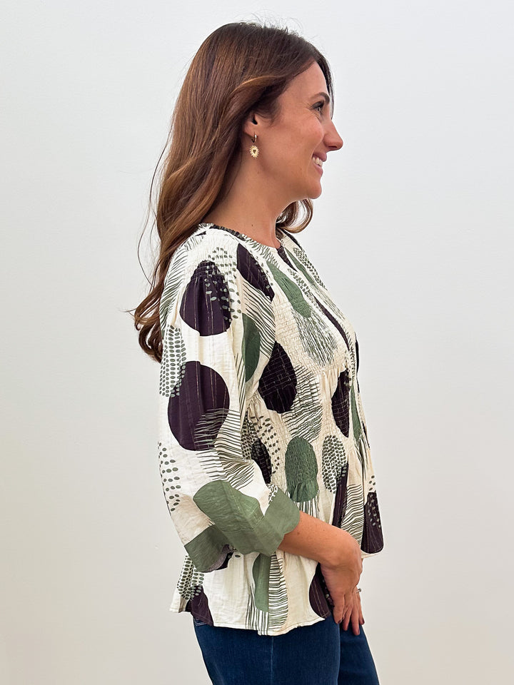 3/4 SLEEVE ABSTRACT DOT SMOCKED PEPLUM TOP - OLIVE