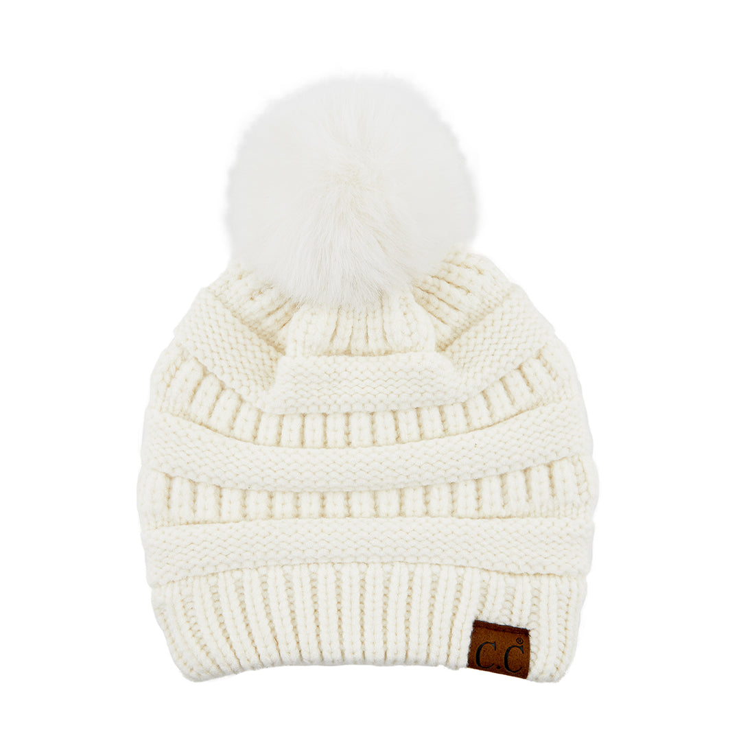 YARN BEANIE W/FAUX FUR POM - IVORY