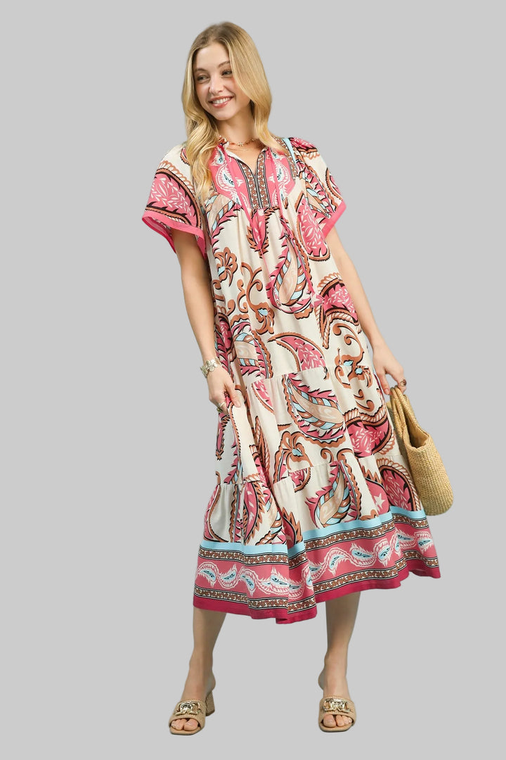 MIX PAISLEY PRINT CONTRAST TRIM MIDI DRESS - PINK MIX