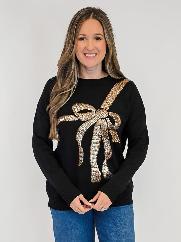 CHRISTMAS SEQUIN BOW SWEATER - BLACK