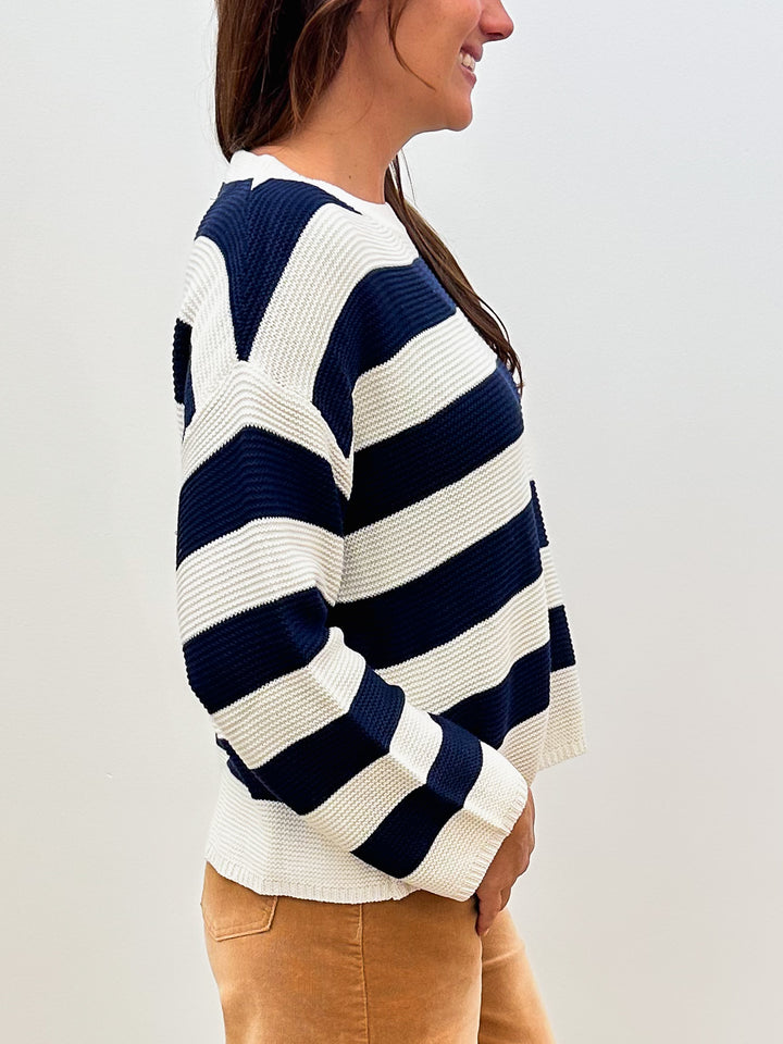 L/S DROPPED SHOULDER STRIPED LIGHT KNIT SWEATER - NAVY