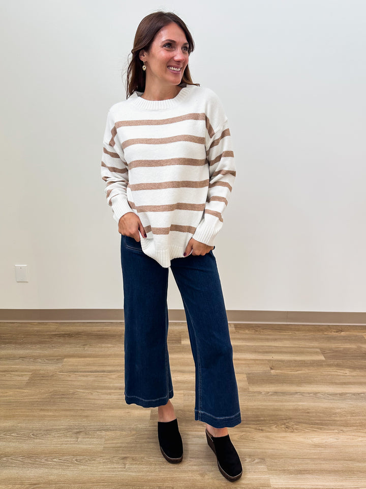 HORIZONTAL STRIPE KNIT PULLOVER - OFF WHITE/COCO