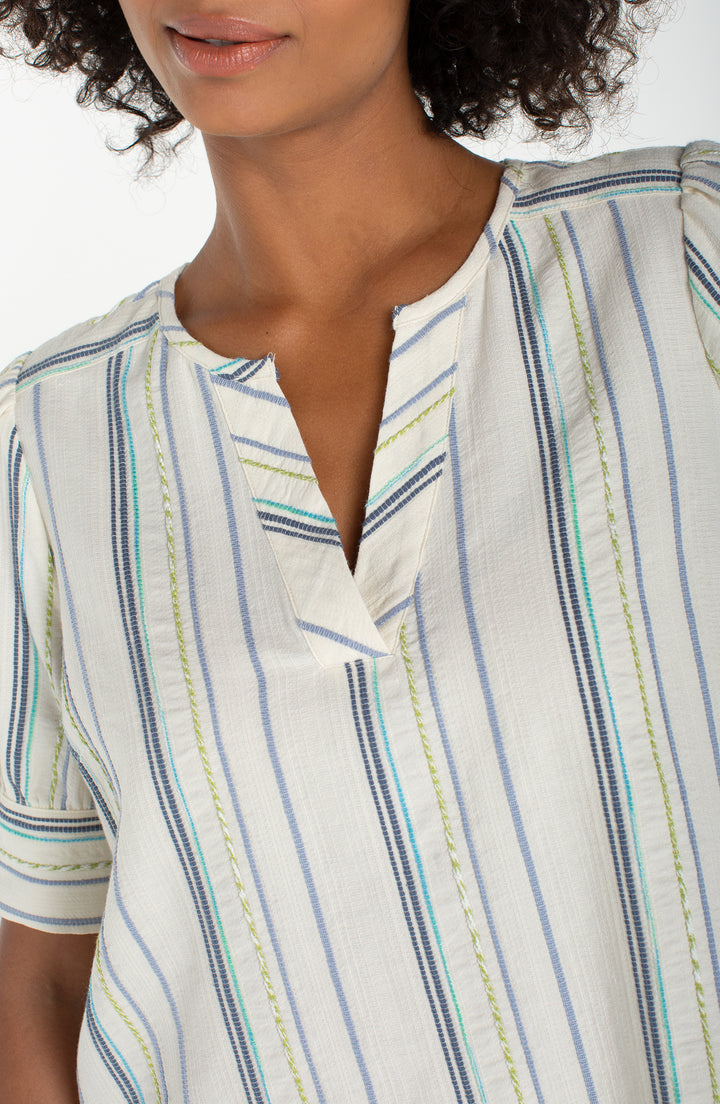 SHORT SLEEVE POPOVER WOVEN TOP - CREAM/BLUE MIST