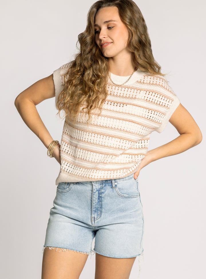 SHORT SLEEVE OPEN KNIT STRIPED ALIZA SWEATER - IVORY TAUPE