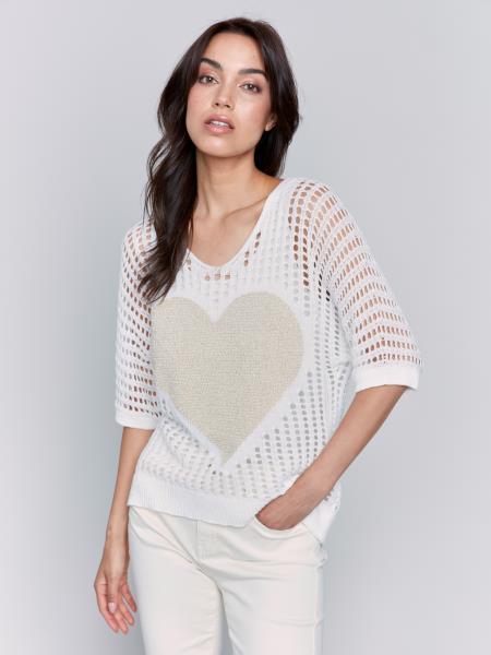 FISHNET V-NECK DOLMAN SWEATER W/HEART - WHITE