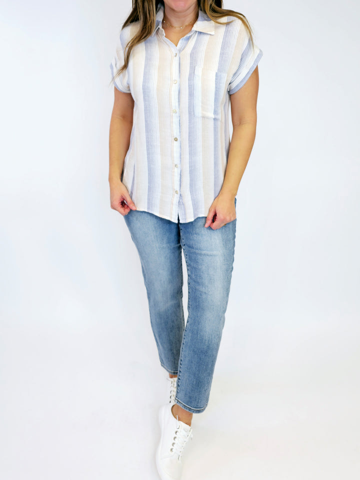 COLLARED STRIPED LINEN BUTTON UP TOP - DENIM