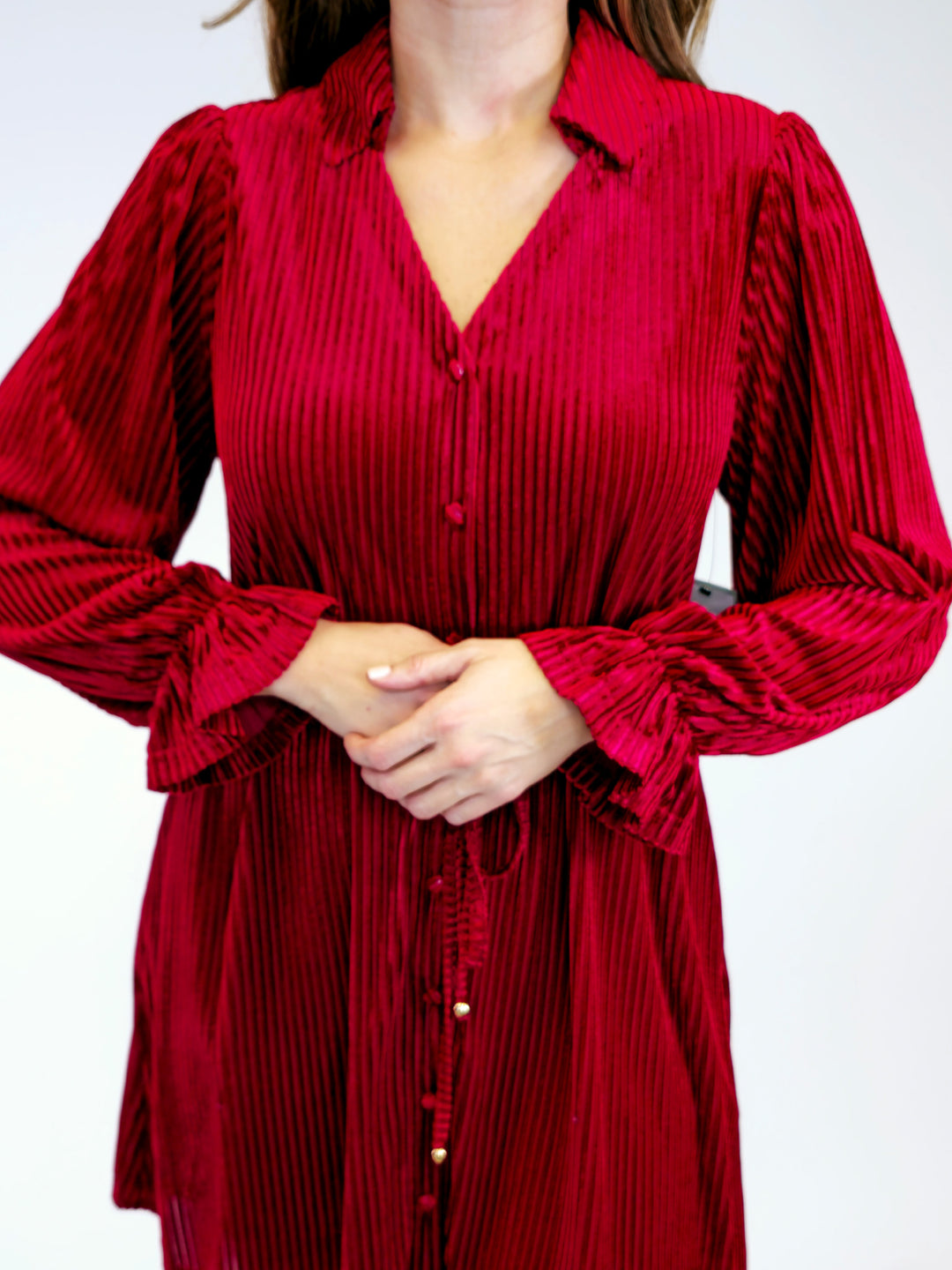 STRIPED TEXTURED VELVET DRESS W/BELT - BURGUNDY