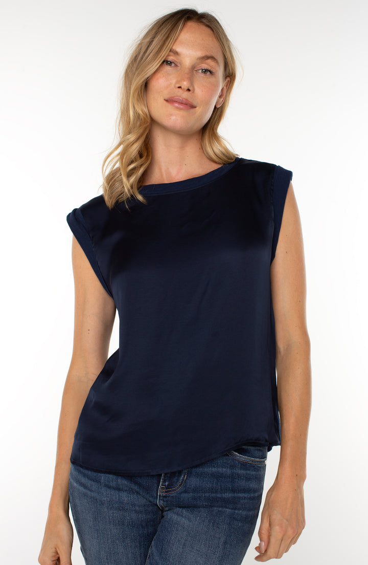 SLEEVELESS WOVEN KNIT TOP - DARK NAVY