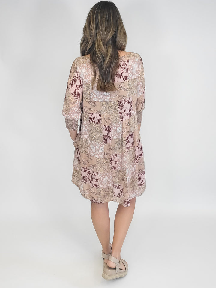 PATCHWORK PRINT MIDI DRESS - MAUVE COMBO