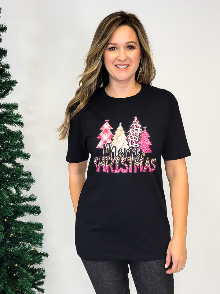 PINK LEOPARD MERRY CHRISTMAS GRAPHIC TEE - BLACK