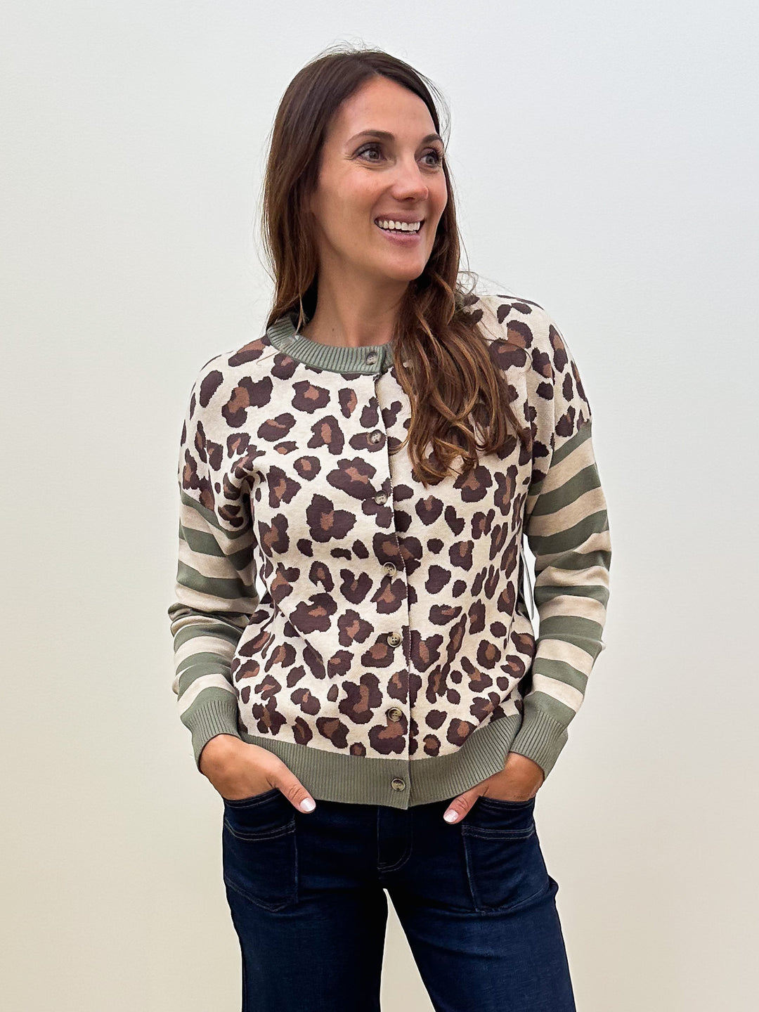 STRIPED SLEEVE LEOPARD BUTTON DOWN CARDIGAN - OLIVE