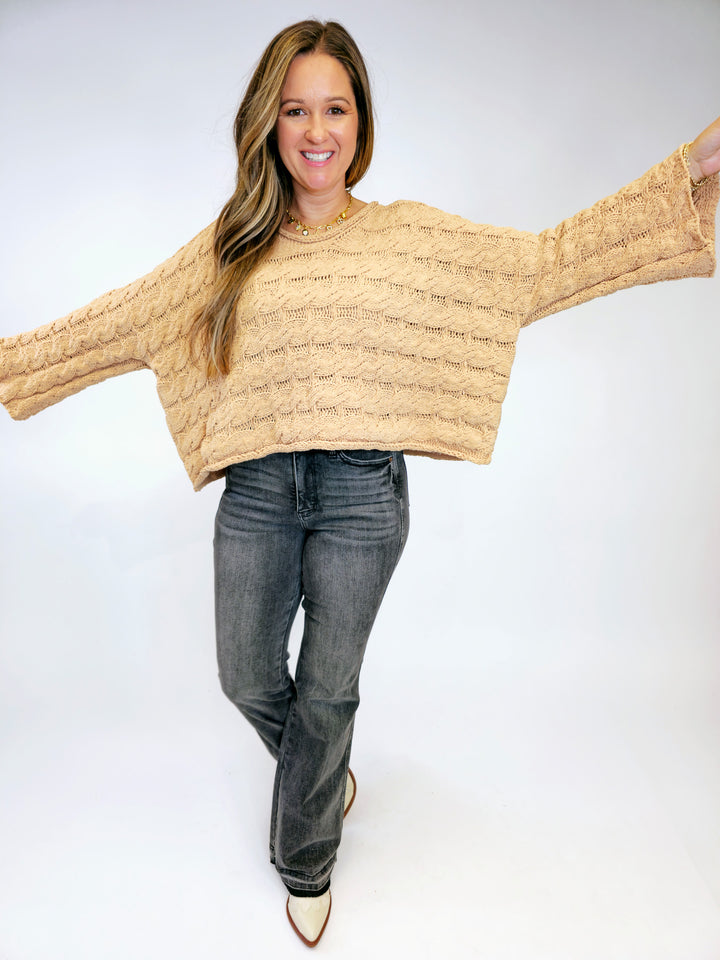 SEMI CROPPED KNITTED SOLID SWEATER - HONEY GOLD