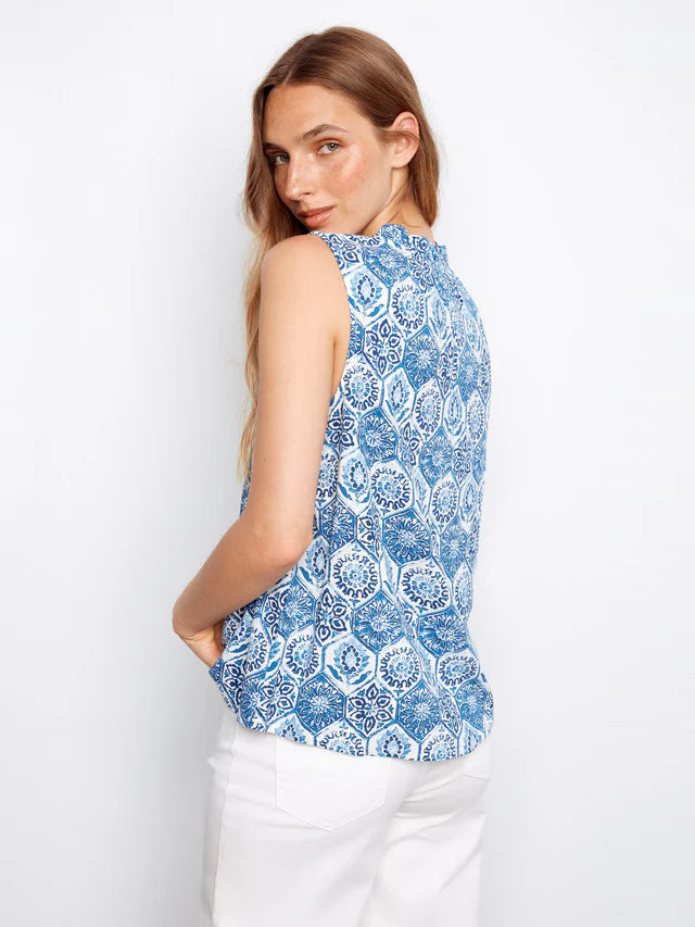 PRINTED SLEEVELESS BLOUSE W/RUFFLES - MOSAIC