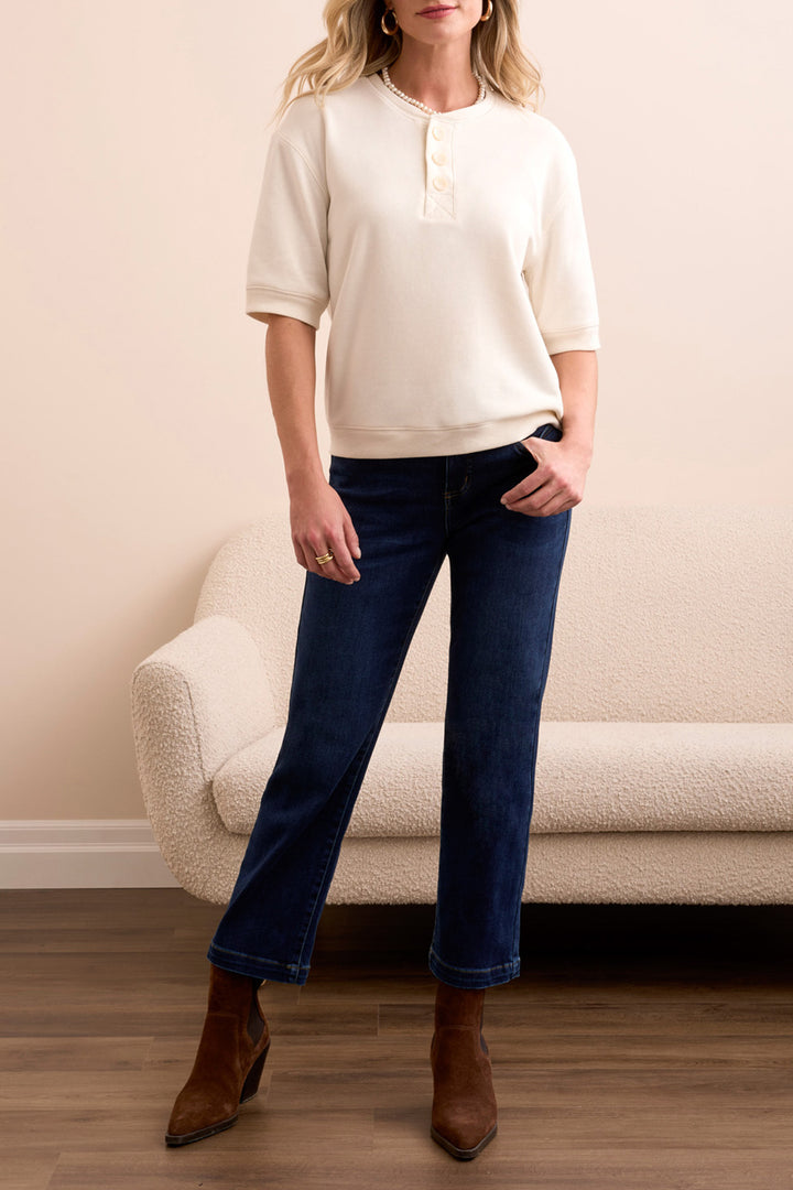 ELBOW SLEEVE CREW NECK TOP W/BUTTONS - CREAM