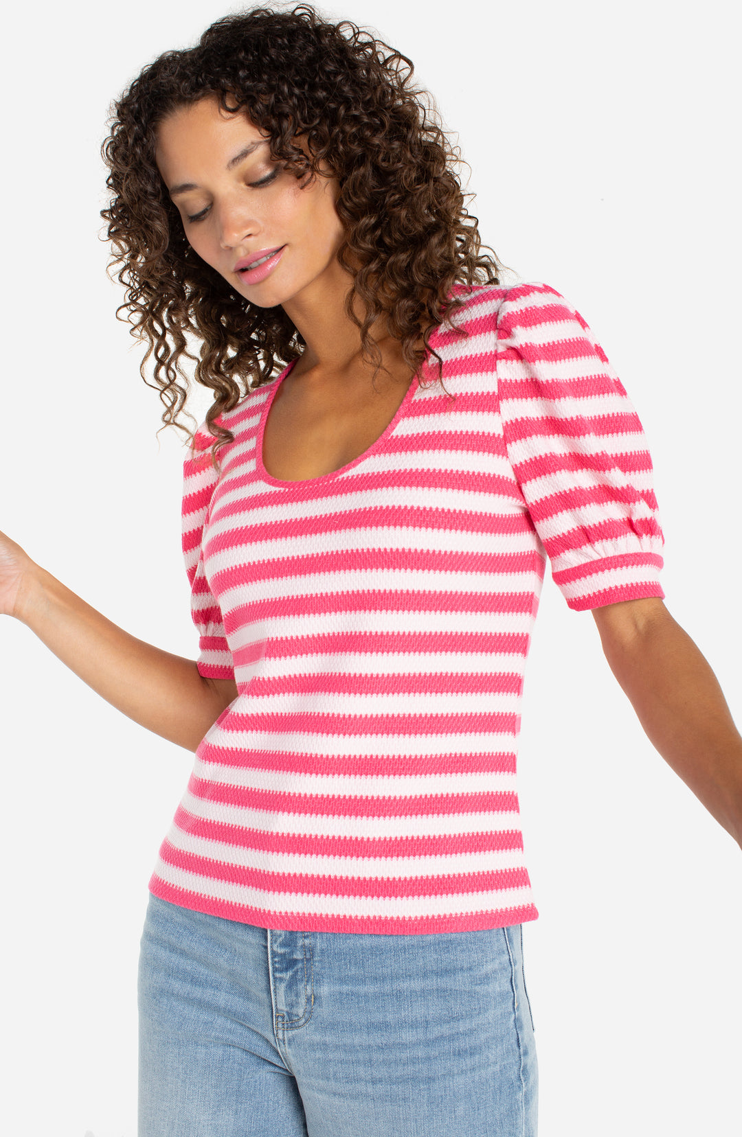 HALF SLEEVE SCOOP NECK KNIT TOP - PINK MULTI STRIPE