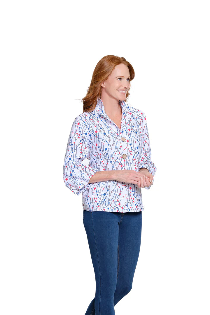 3/4 PUFF SLEEVE BUTTON FRONT JACKET - DOTS RWB