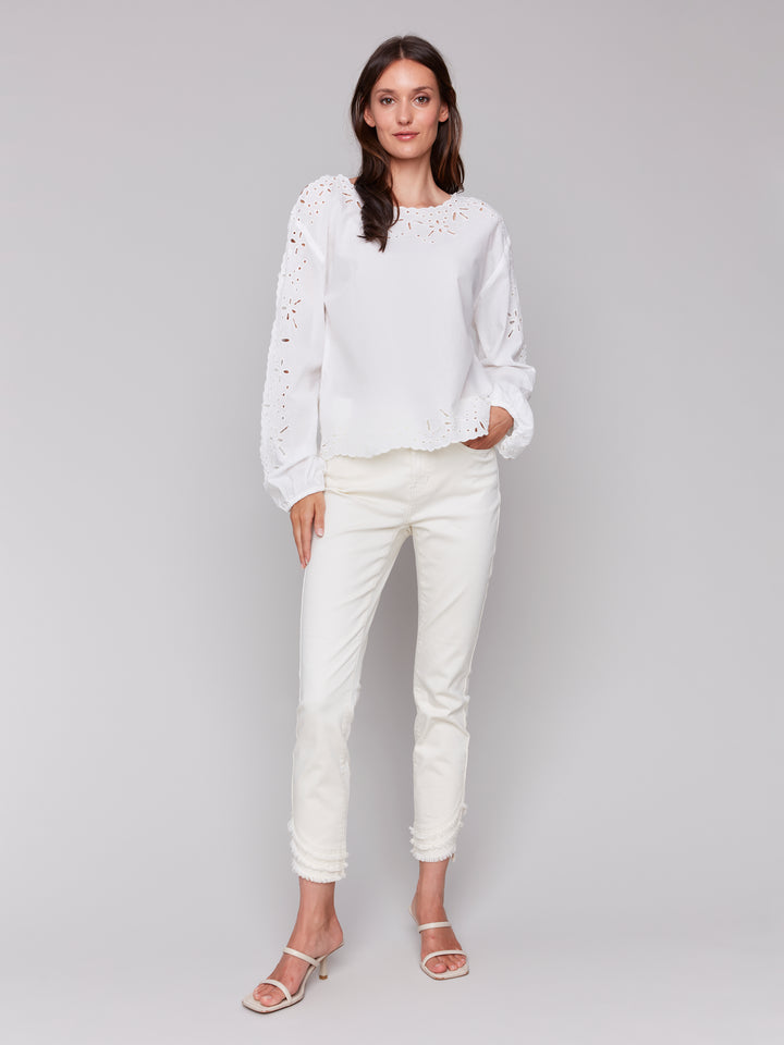 EYELET COTTON LONG SLEEVE BLOUSE - WHITE