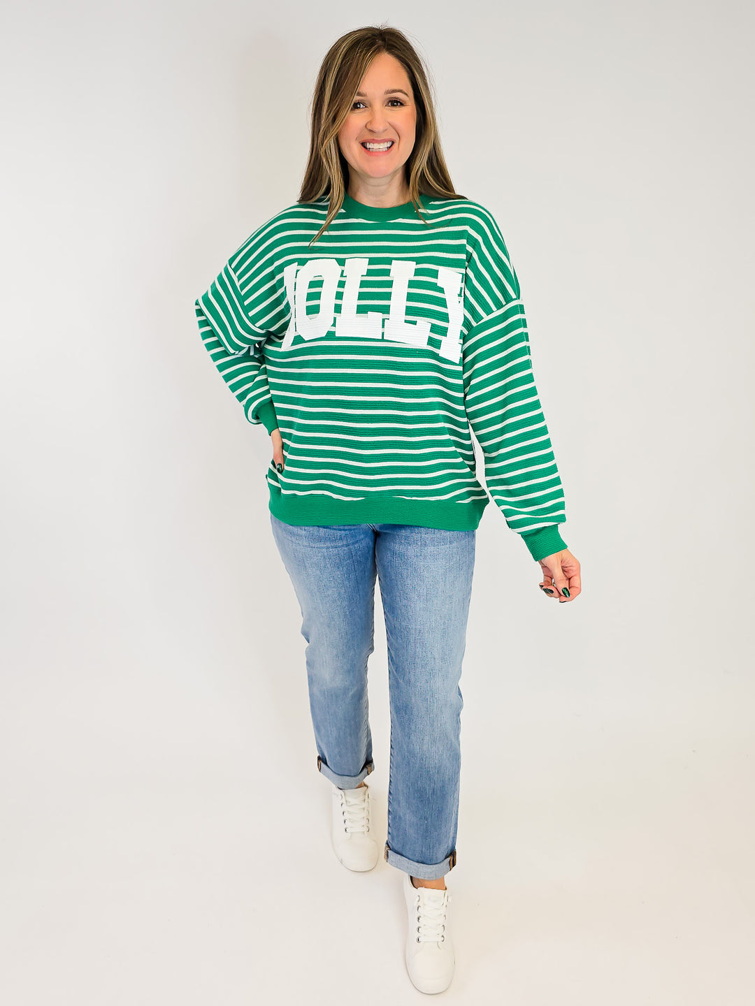 'JOLLY' STRIPE LONG SLEEVE GRAPHIC SWEATSHIRT - GREEN