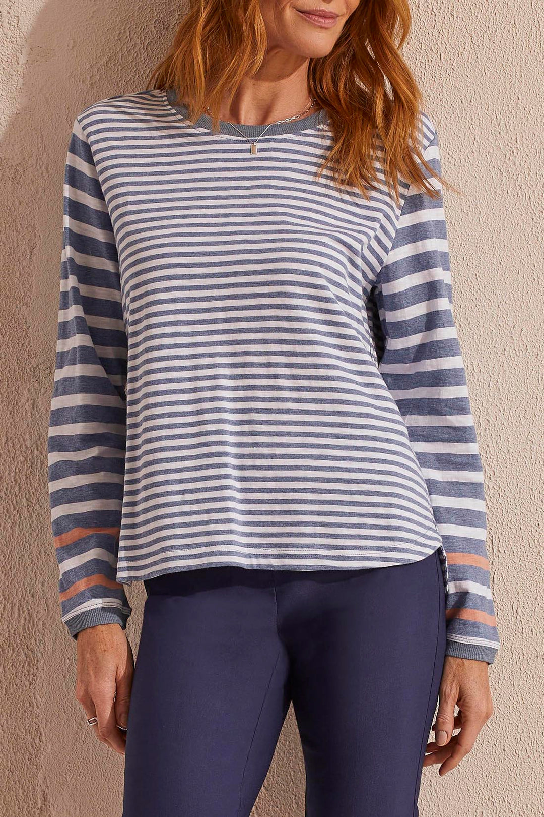LONG SLEEVE STRIPED CREW NECK TOP W/COMBO CHAMBRAY - BLUE/WHITE