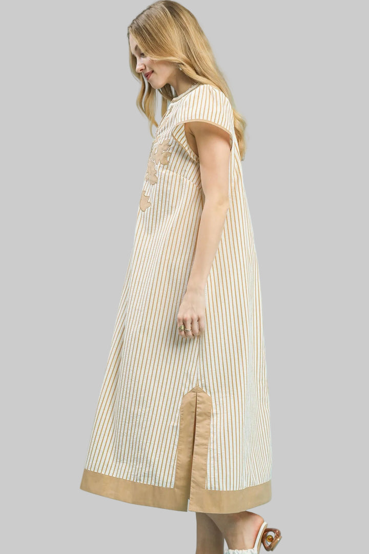 SHORT FLUTTER SLEEVE LACE TRIM STRIPED MIDI DRESS - LATTE