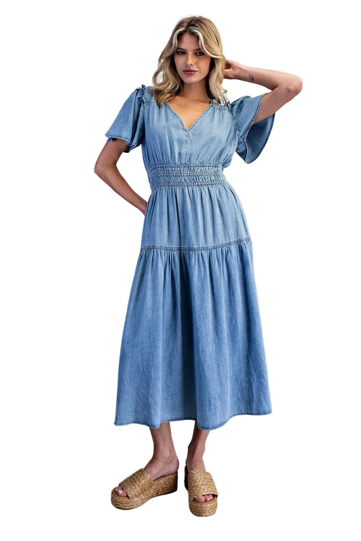 SNOW WASHED SMOCKED V-NECK MIDI DRESS - DENIM