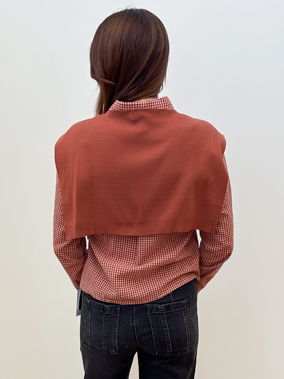 GINGHAM CHECK CROPPED BLOUSE W/FAUX CAPE - RUST