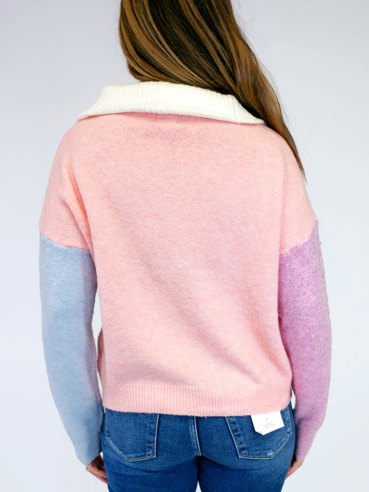 ZIP UP COLLAR PULLOVER SWEATER W/COLORED SLEEVES - PINK