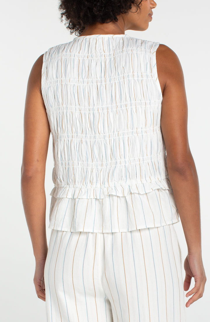 SLEEVELESS TIE FRONT WOVEN TOP - CREAM/BLUE STRIPE