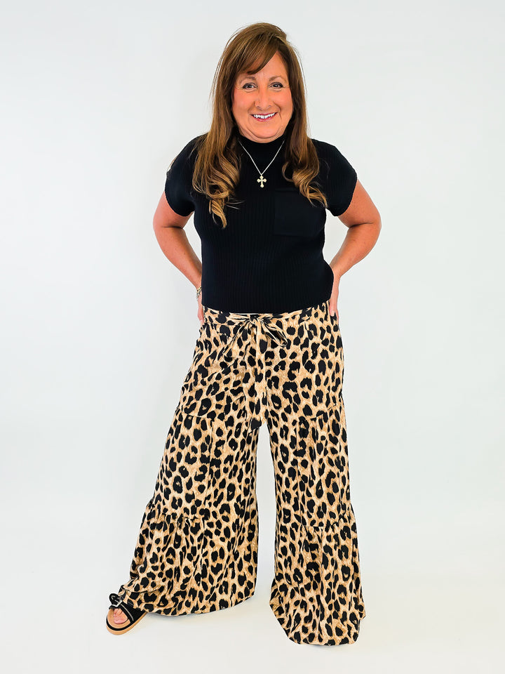 LEOPARD TIERED WIDE LEG PANTS - BROWN