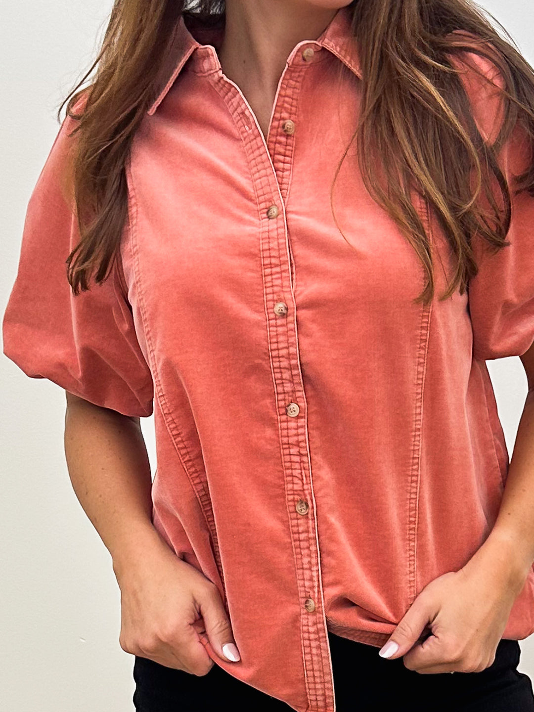 BUBBLE SLEEVE STRIPED MINERAL WASHED DENIM SHIRT - RUST