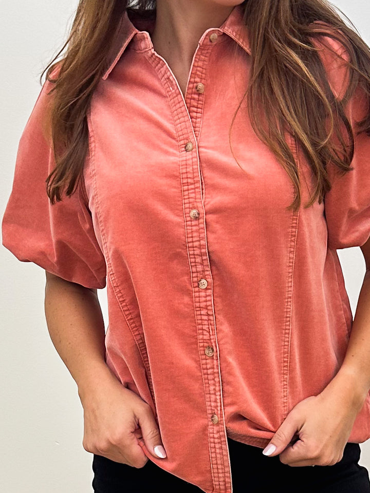 BUBBLE SLEEVE STRIPED MINERAL WASHED DENIM SHIRT - RUST