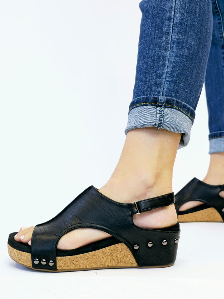 CORKY'S VOLTA II WEDGE SANDALS - BLACK SMOOTH