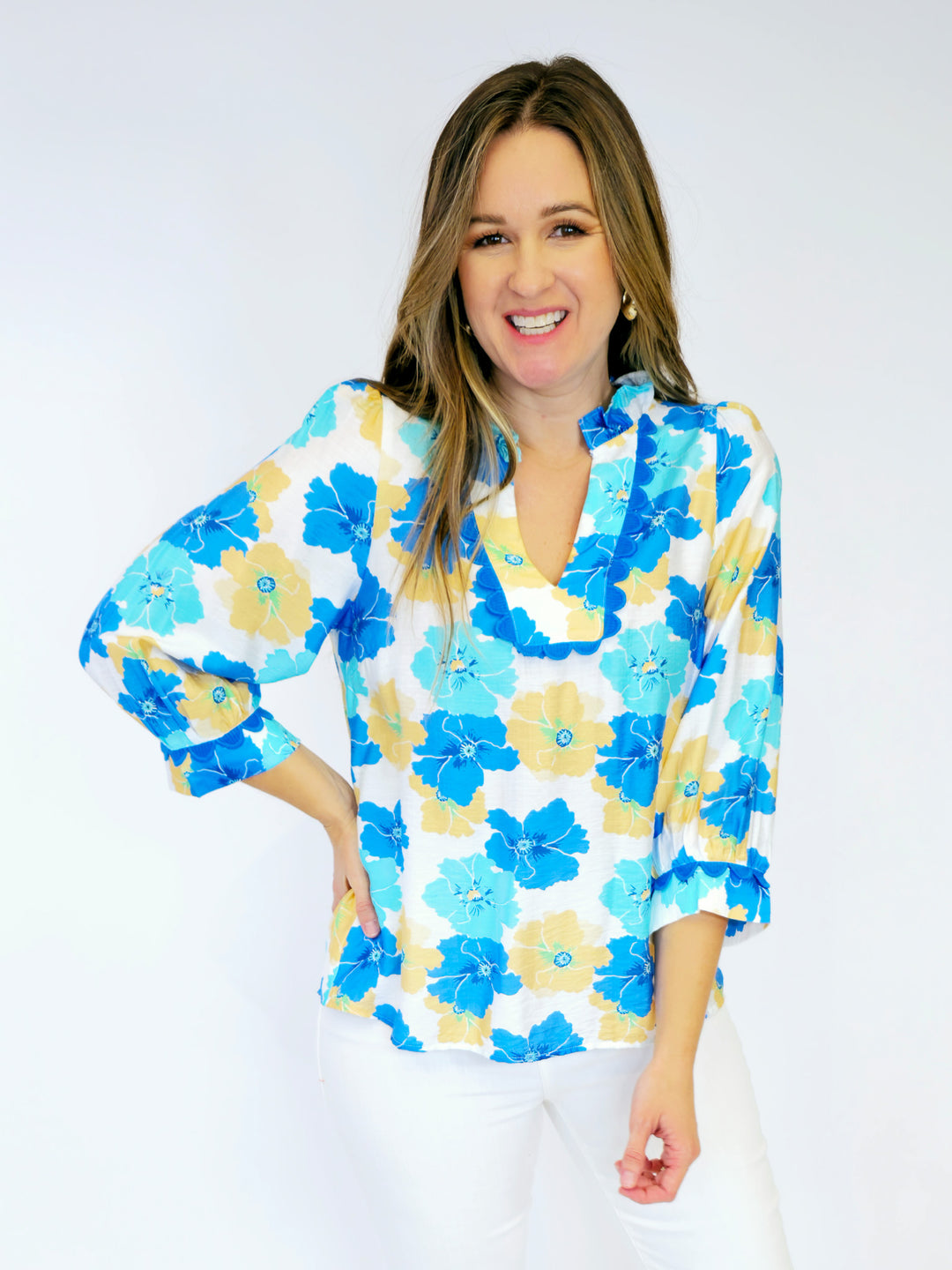 FLOWER PRINT PEASANT TOP - BLUE