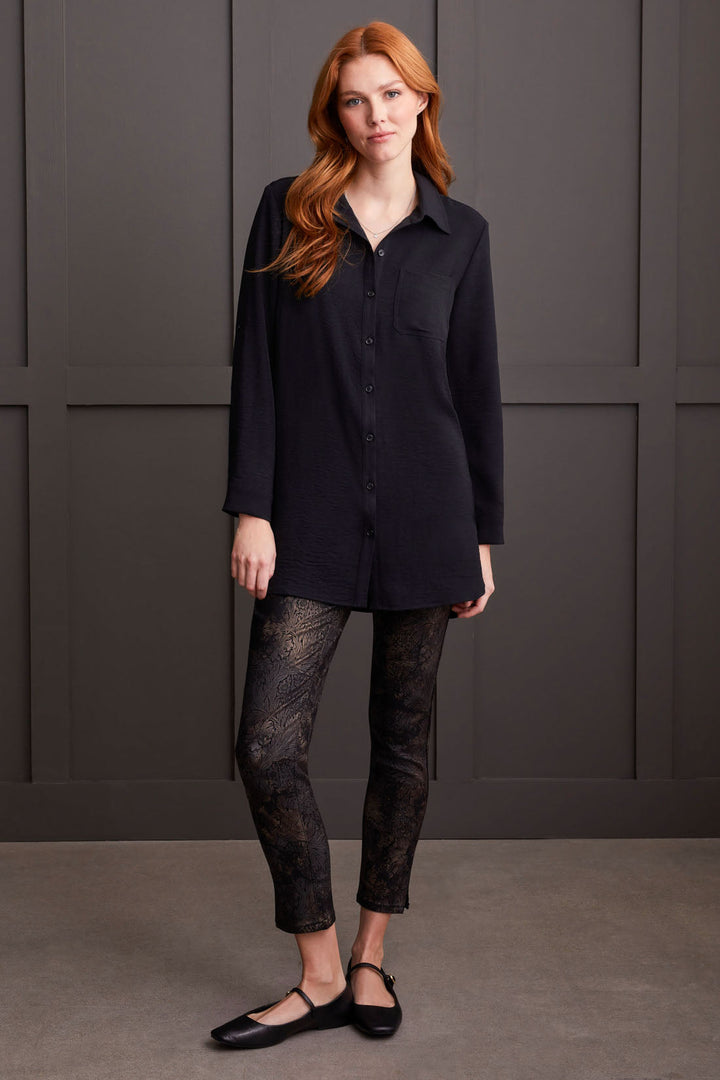 PEBBLE CREPE ROLL SLEEVE TUNIC SHIRT - BLACK