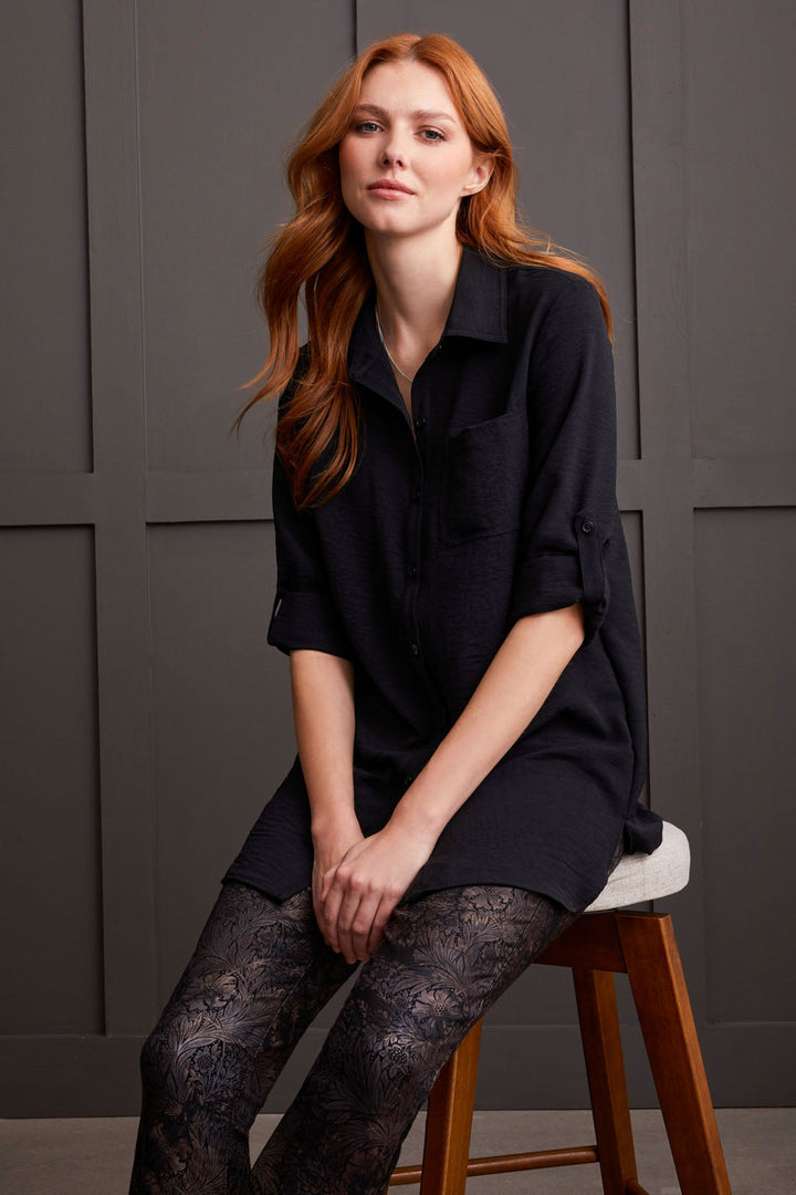 PEBBLE CREPE ROLL SLEEVE TUNIC SHIRT - BLACK