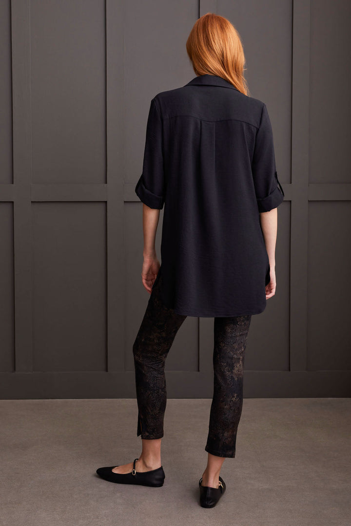 PEBBLE CREPE ROLL SLEEVE TUNIC SHIRT - BLACK