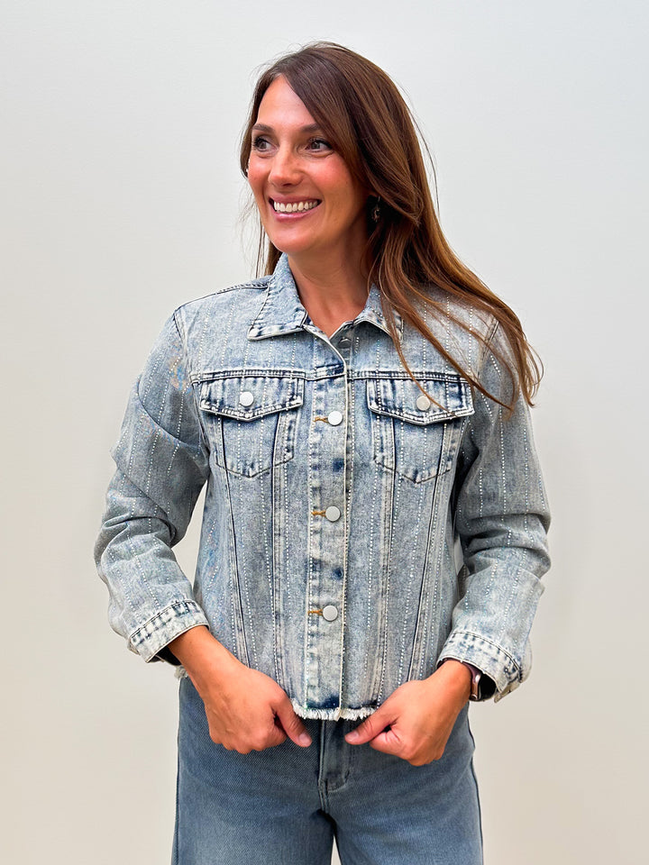DENIM JACKET W/RHINESTONE DETAIL - DENIM