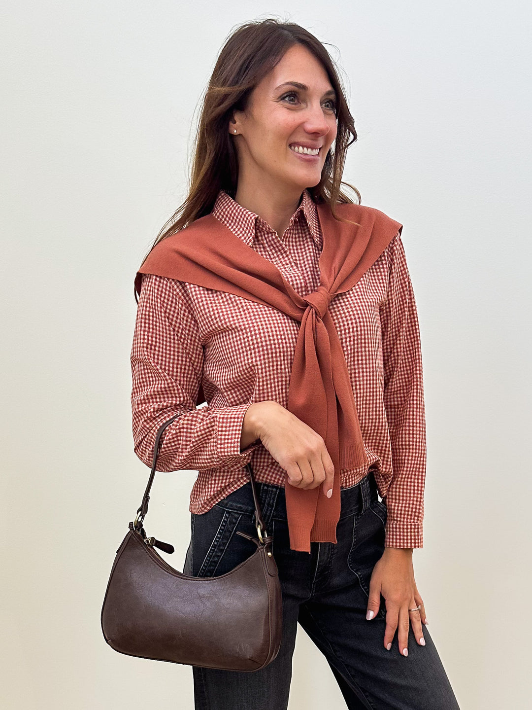 GINGHAM CHECK CROPPED BLOUSE W/FAUX CAPE - RUST