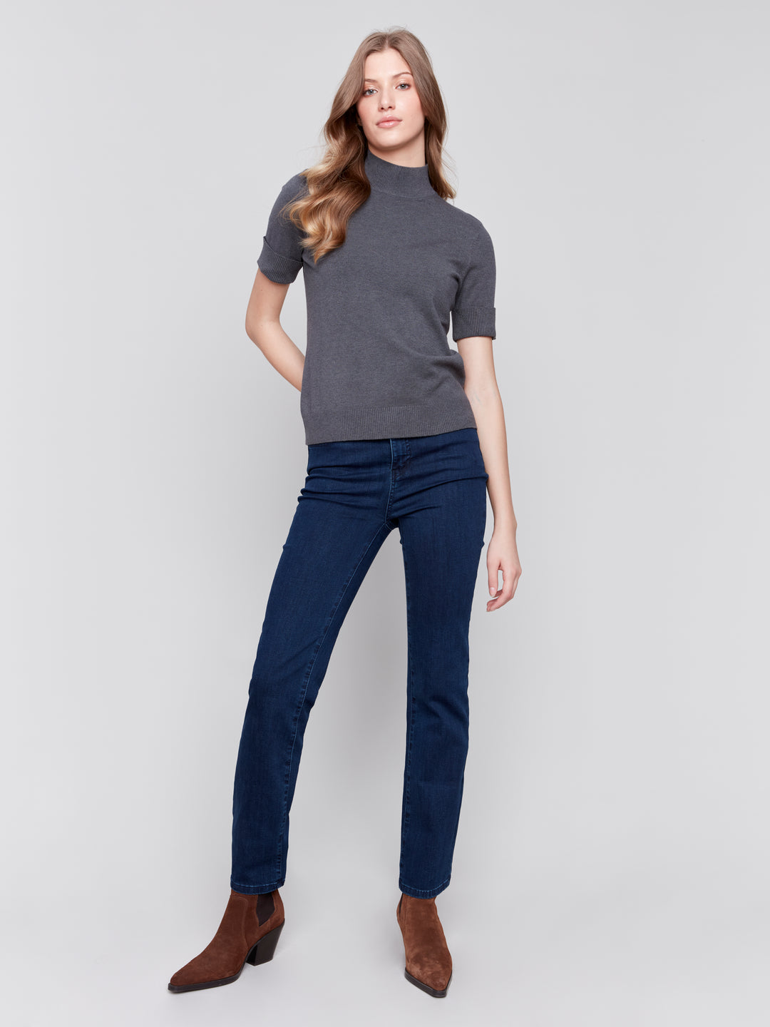 MOCK NECK BASIC TOP - CHARCOAL