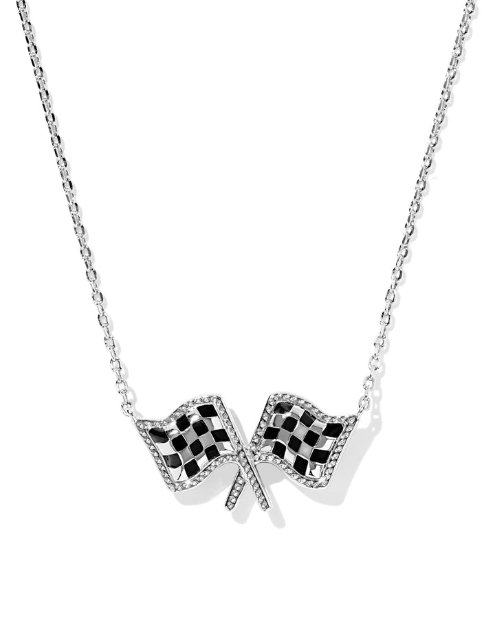 KENDRA SCOTT CHECKERED FLAG SHORT PENDANT NECKLACE - SILVER WHITE MOTHER OF PEARL