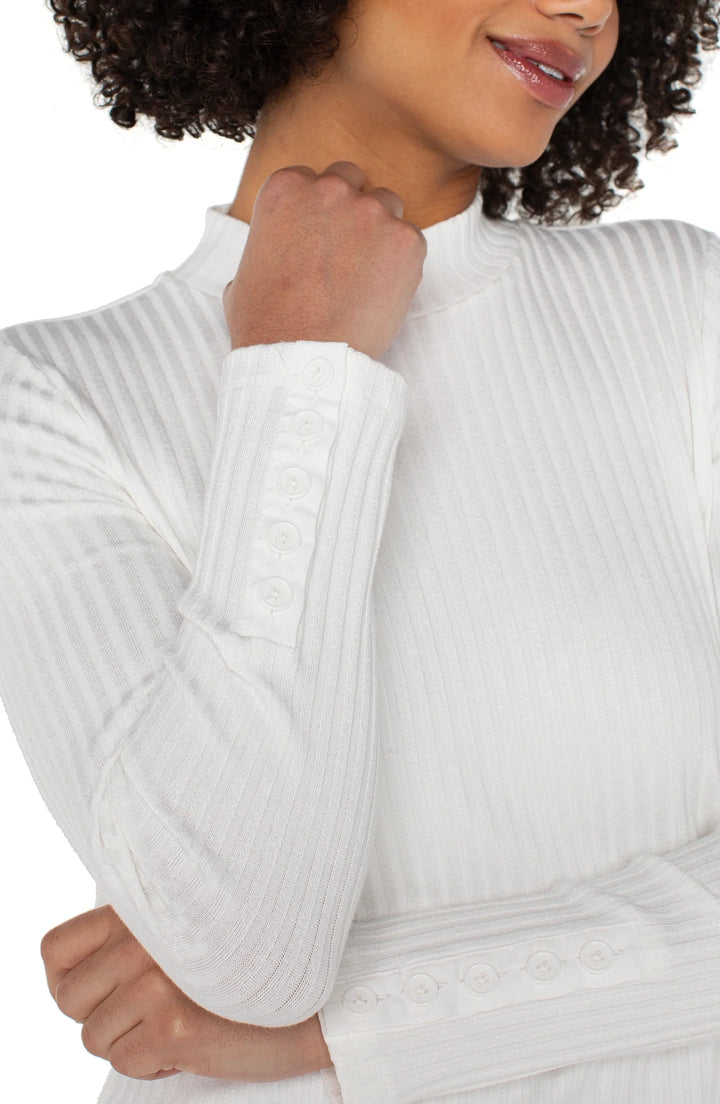 LONG SLEEVE MOCK NECK KNIT TOP W/BUTTON DETAIL - SNOW