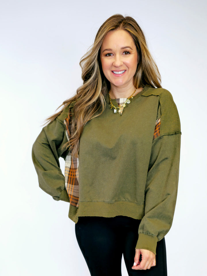 ACID WASHED PLAID SWEATSHIRT - WASHED OLIVE