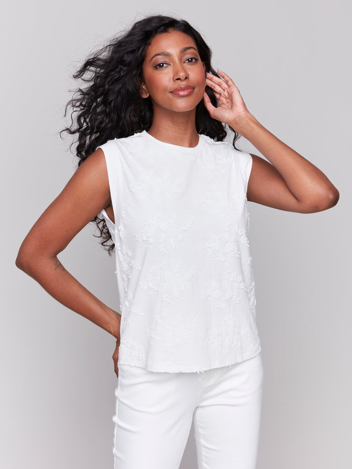 EMBROIDERED SLEEVELESS CREW NECK TOP - WHITE