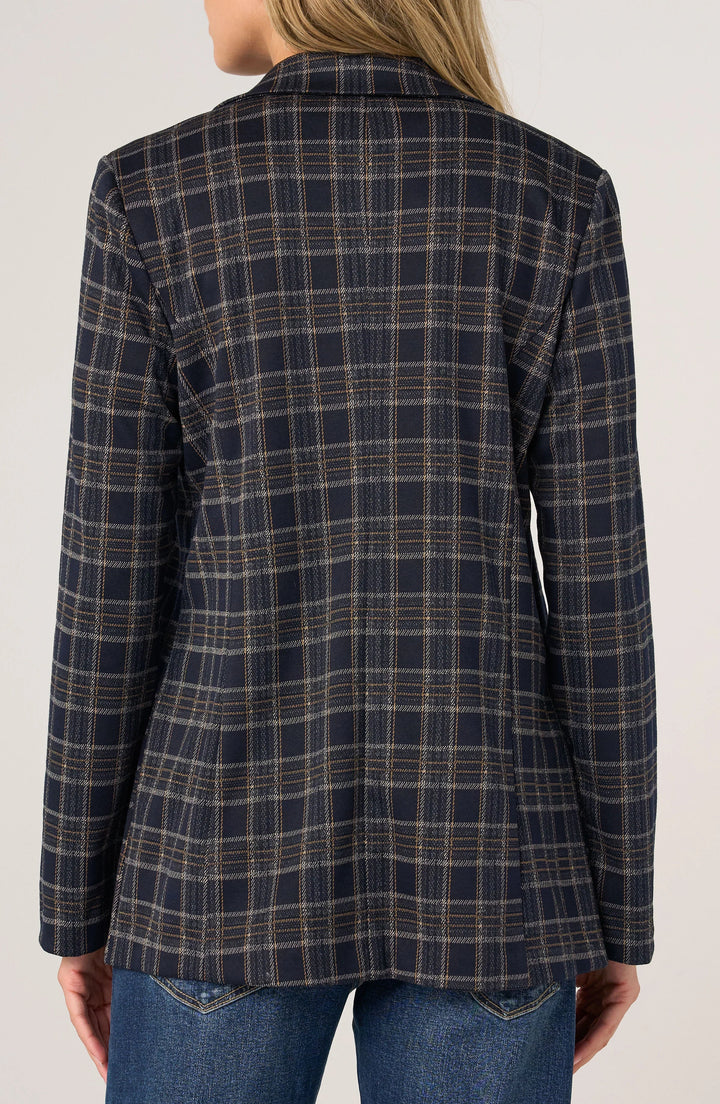 PETITE BOYFRIEND BLAZER - NAVY/TAN PLAID