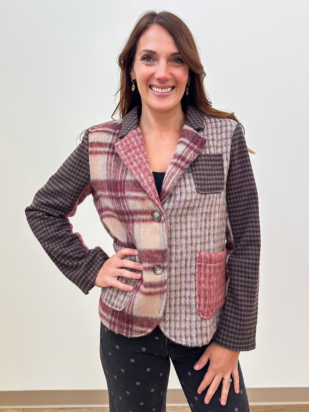 PLAID MIXED SPORT COAT - RED MIX
