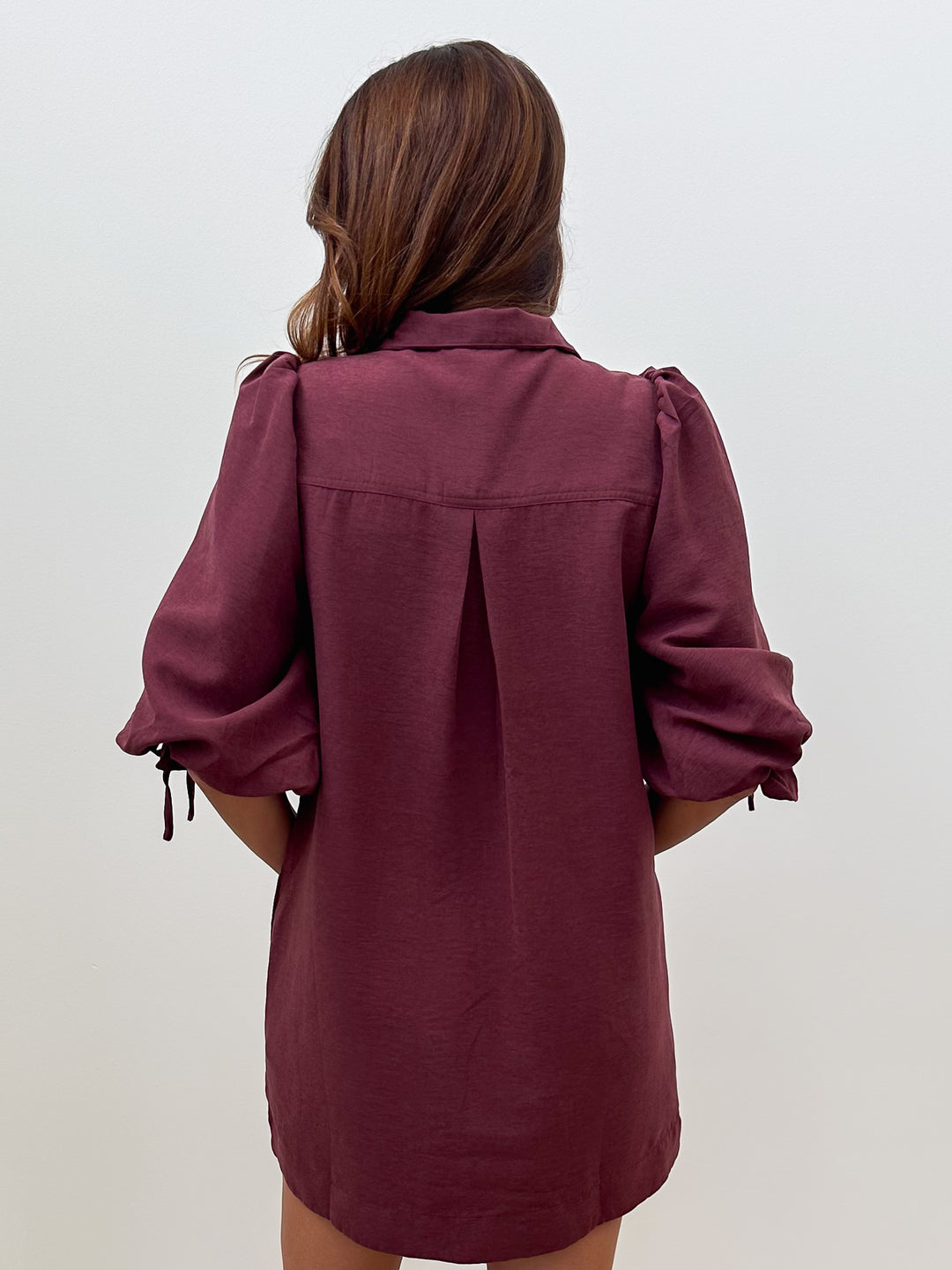 SOLID 3/4 BALLOON SLEEVE BUTTON DETAIL SHORT DRESS - MERLOT