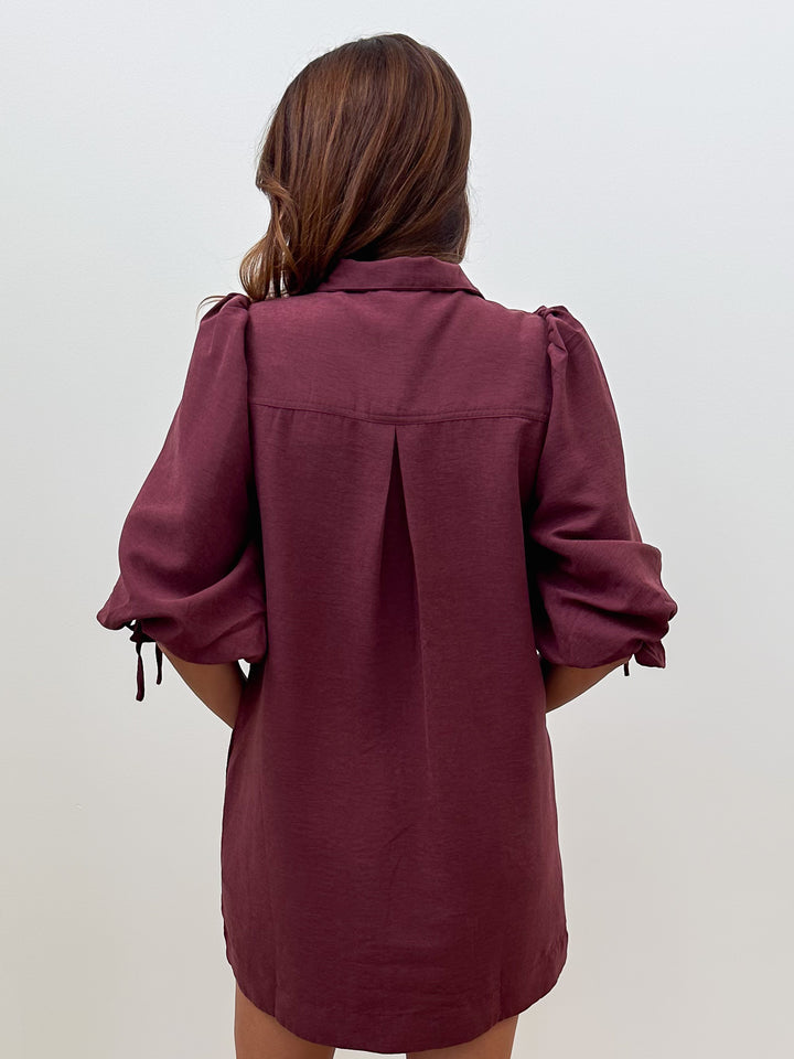 SOLID 3/4 BALLOON SLEEVE BUTTON DETAIL SHORT DRESS - MERLOT